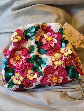 Handcrafted in India Floral Sequin Beaded Clutch - Pink, Yellow, Green, White Ea